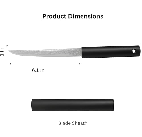 Image of Wizbiz Premium Japanese-Style Utility Knife | Damascus Pattern Blade with Black Sheath | Slim Fixed Blade Kitchen EDC Use | Sleek Handle Design
