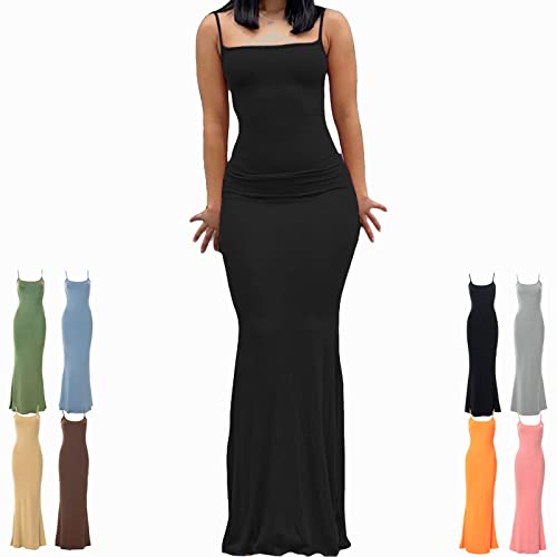 UGIF Bodycon Dress Long, Cami Figurbetontes Kleid, Women Sexy Bodycon Maxi Dress Low Cut Sleeveless Long Dresses Elegant Evening Party Formal Dress Slim Fit Solid Color Cami Dress, Schwarz, S Cover
