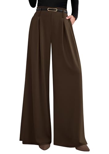 PRETTYGARDEN Womens Spring Wide Leg Trousers 2026 High Elastic Waist Loose Pleated Long Flowy Palazzo Work Pants with Pockets (Brown,X-Large)