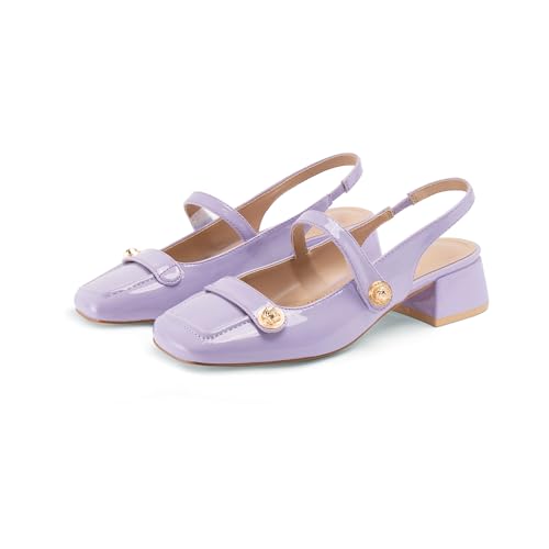 Image of Slingback Mary Jane Heels for Women Low Block Heel Closed Square Toe Pump Shoes Heels Classic Daily Office Dressy Shoes