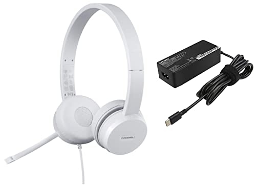 Image of Lenovo 110 Wired On Ear Headphones with Mic (White) & GX20P92532 65W AC Adapter /Charger with Power Cord for Select Models of Lenovo (Type-C Pin)