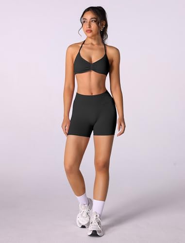 Image of ABOCIW Womens Seamless Workout Sets 2 Piece Strappy Halter Sports Bra Scrunch Butt Shorts Gym Yoga Outfits