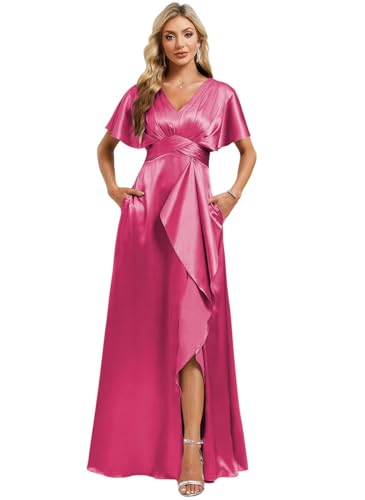 Image of Elegant Satin Bridesmaid Dress with Sleeves Ruffles High Silt Formal Dresses Long for Women Fall DIN022