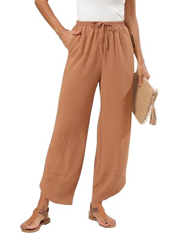 Women's Baggy Wide Leg Palazzo Pants Business Casual High Waisted Flowy Elastic Waist Sandy Shore Pants Pockets