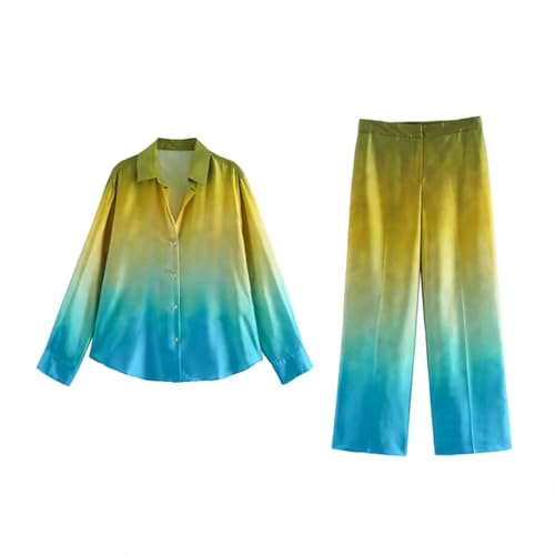 Women's Elegant Suit Tie-Dye Long Sleeve Shirt Top High Waisted Wide Leg Pants Set Two Pieces4