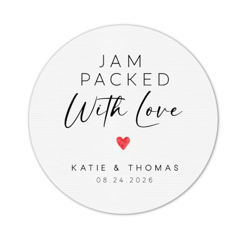 Jam Packed with Love Stickers for Wedding Favors - Personalized Jam Jar Labels with Names & Date - 2" Round Custom Stickers for Mason Jar Gifts, Bridal Shower, Engagement, or Anniversary