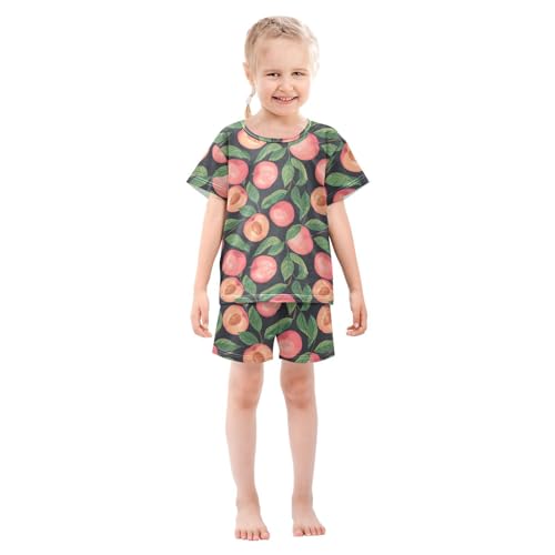 ALAZA Peach Fruit Green Leaves Pajamas Short Sleeve 2 Piece Sleepwear Top and Bottom Pajama Set Unisex3