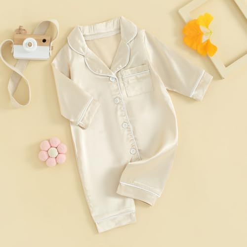 BULINGNA Infant Baby Girl Boy One Piece Pajamas Jumpsuit Long Sleeve Button Down Satin Silk Pjs Sleepwear Onesie3