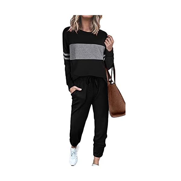 Womens Fall Winter Two Piece Outfit Sets Trendy Strips Black Casual Long Sportswear Set M