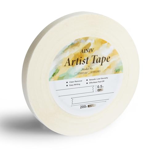 Ainiv Artist Tape for Painting Medium Tack Art Masking Tape White Craft Masking Tape for Watercolor Painting Drafting Canvas Framing Paint Mask 0.5inch Wide 200FT Long