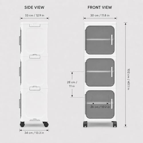 Image of KRISHYAM 3 Door Slim Plastic Storage Cabinet with Wheels, Collapsible Foldable Organizer with Transparent Doors & Removable Shelves for Bathroom, Bedroom, Kitchen & Living Room, White