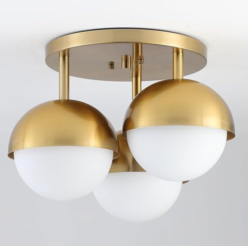 Image of Globe Flush Mount 3-Light Ceiling Light, Mid Century Modern Brass Gold Ceiling Light Fixture with Globe White Frosted Glass Shade for Bedroom Hallway Entryway Kitchen Living Room