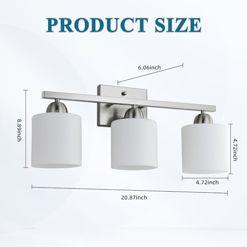 Image of Mecgirn Stainless Steel Milk Glass Vanity Lights for Bathroom, 3 Light Brushed Nickel Bathroom Light Fixtures Over Mirror, Ceramic E26 Sockets Wall Mounted