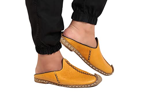 Authentic 100% Handmade Genuine Leather Women's Turkish Saracli Open Heel Slippers - Lightweight - Breathable (8.5, Yellow)2