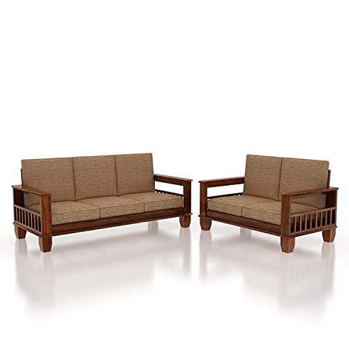 Image of K L FURNITURE Wooden Solid Sheesham Wood 5 Seater Sofa Set With Cushions (5 Seater Sofa | (3+2) Honey Finish, Brown
