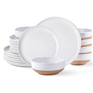 AmorArc Ceramic Dinnerware Sets for 6, 18 Pieces Handpainted Plates and Bowls Set with Rustic Terracotta Underside, Scratch Resistant Stoneware Dishes Set, Dishwasher & Microwave Safe, White