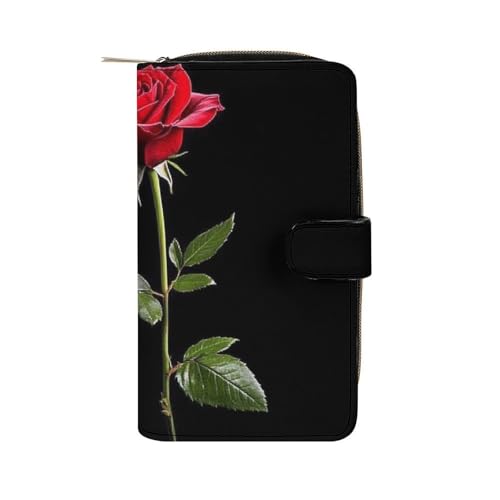 PU Leather Wallet with 12 Card Slots, Women Men Portable Wallets Multi-Functional Purse for Work, Travel, Red Rose Flower Black Elegant Large Capacity Wallet