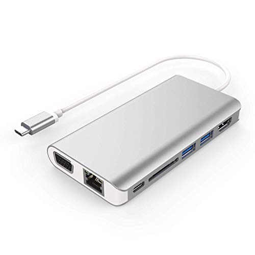 Ultimate USB-C to 4K HDMI DVI VGA Ethernet RJ45 3.5mm Audio Hub Adapter,Type C USB 3.1 8 in 1 Multiport UHD Converter to 2 USB3.0, SD/TF Ports and PD Charging for MacBook Pro, Thunderbolt 3 Compatible