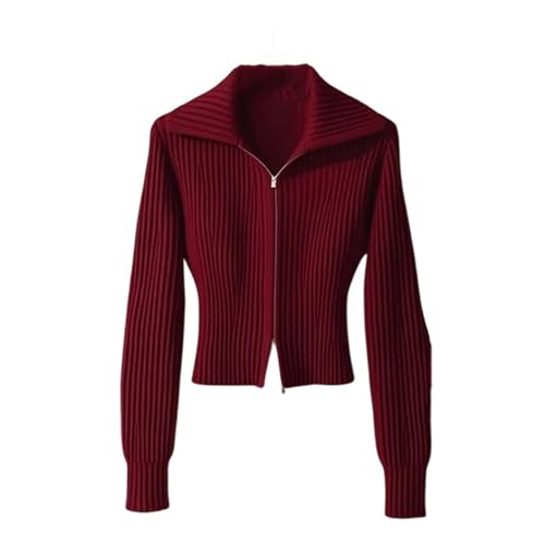 Womens Chic Zipper Cardigan Sweater Long Sleeve Knitted Jacket Fashion Slim Fit Turn-Down Collar Outerwear