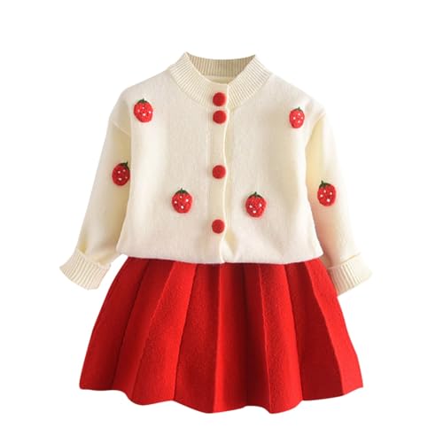 Toddler Girls Sweater Outfits Strawberry Embroidered Knit Cardigan & Pleated Skirt Set Baby Cute Knit Sweater A Line Skirt