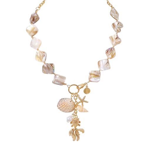 Image of Coiris Natural Seashell Choker Necklaces Earrings Jewelry Set for Women Starfish Shell Freshwater Pearl Collar Necklaces for Women Irregular Mother of Pearl Jewelry Set