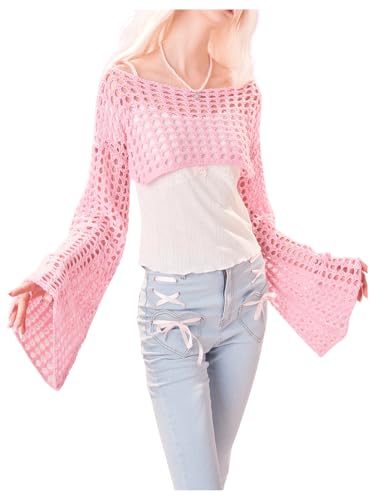 SHENHE Women's Hollow Out Knitted Pullover Sweater Crochet Cropped Sweater Top Long Sleeve Casual Cover Up Top Pink M