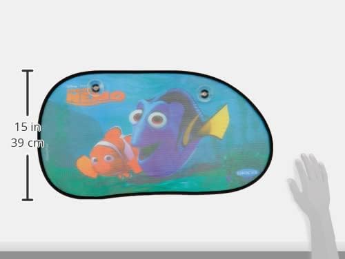 Disney Nemo trapezoid car sun shade installed on a car window, showing its dimensions of 15 inches (39 cm) in height.