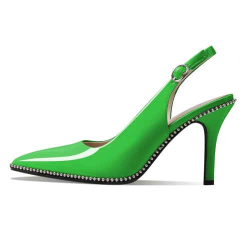 Zamikoo Women Slingback High Heels Beaded Pumps Pointed Toe Slip On 3.5 Inch Stilettos Ankle Strap Patent Leather Shoes US Size 5 -Size 132