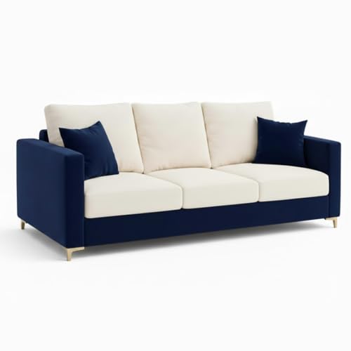 Image of Hayes Dual Tone Rich Velvet Suede 3 Seater Sofa | Golden Aesthetic Legs | Spacious Soft Touch Comfort Seating | Modern Sofa for Living Room (Dark Blue & Cream)