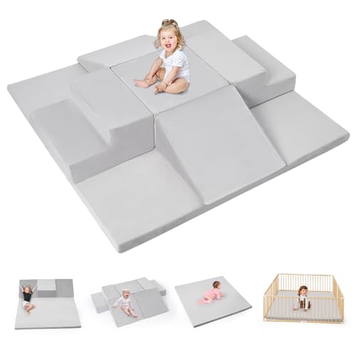 Rinnebbit 6-Piece Foam Climbing Blocks for Toddlers, Climb and Crawl Soft Foam Play Set with 47x47 Inch Baby Play Mat for Floor, Machine Washable Cover, Soft Climbing Toys for Toddlers 1-3 (Gray)