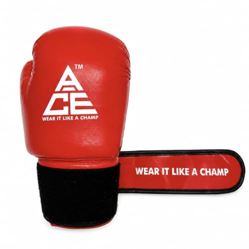 Image of ACE Genuine Leather Boxing Gloves | Adult Training Gloves for Sparring | Shock Absorbing Padding | Secure Wrist Strap | Punching Bag Workout | Red | 8 oz