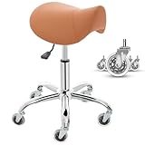 E-Motie Saddle Stool, Ergonomic Saddle Chair with Wheels 450 LBS, Adjustable Height Swivel Salon Stool, Rolling Stool for Home Office Tattoo Massage Clinic Lab Beauty (Brown)