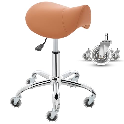 E-Motie Saddle Stool, Ergonomic Saddle Chair with Wheels 450 LBS, Adjustable Height Swivel Salon Stool, Rolling Stool for Home Office Tattoo Massage Clinic Lab Beauty (Brown)
