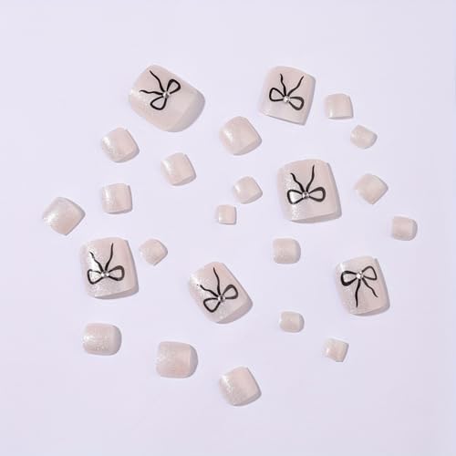 Image of Bow Press on Toenails White Fake Toenails Short Squar Toe Nails with Shiny Design Glitter Glue on Toenail Glossy Full Cover Stick on Toes for Women Manicure 24Pcs