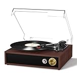 FYDEE Record Player with 2-Way Bluetooth, Built-in Dual Stereo Speakers, 3-Speed Vinyl Turntable (33/45/78 RPM) with Auto Stop, RCA & AUX, Vinyl Record Player for Home Listening – Mahogany