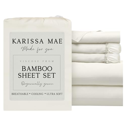 Image of KARISSA MAE Luxury Bamboo Viscose Split King Size Sheet Set, FSC Certified | Includes 2 Twin XL Fitted Sheets | Sleep Number & Adjustable Bed | Cooling | 18 inch Deep Pocket w / Corner Straps [Ivory]
