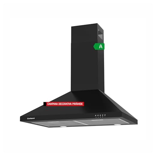 Corberó - Campana Decorativa Pirámide | 70 cm | KURAMATHI760B | Caudal 621,71 m3/h | 165W | 3 Velocidades | 2 Filtros de Aluminio | Filtro de Carbón | Eficiencia Energética A, Negro