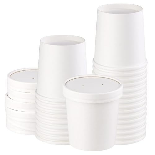 Image of 16 oz 25 Pcs Paper Soup Cups with Lids, White Ice Cream Containers