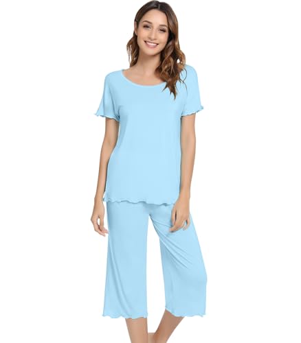 Image of NACHILA Women's Bamboo Viscose Pajama Sets Summer Cooling Short Sleeve Capri Soft Pjs Night Sweats Moisture Wicking Sleepwear
