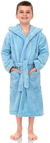 TowelSelections Big Boys’ Robe, Kids Plush Hooded Fleece Bathrobe Size 8 Sky Blue
