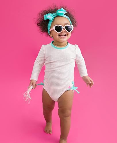 Image of RuffleButts Baby-Girls Seersucker Long Sleeve Rash Guard - One Piece Swimsuit UPF 50+ Toddler