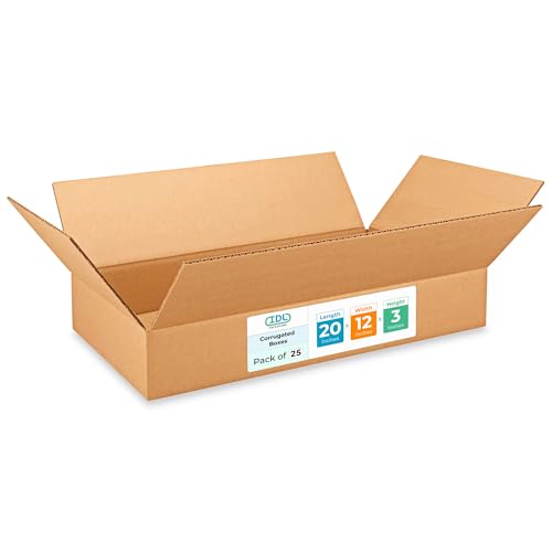 Large Shipping &amp; Moving Boxes 20"L x 12"W x 3"H (25-Pack) - Extra Strength 200 lb vs Regular - Corrugated Packing Boxes for Moving - Heavy-Duty Shipping Box Large by IDL Packaging