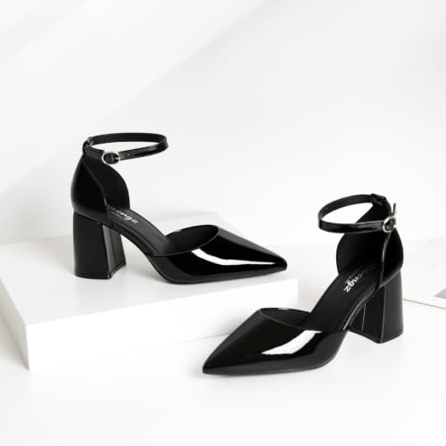 Image of RIBONGZ Block Heels for Women Closed Pointed Toe Heeled Slingback Chunky High Heel Ankle Strap Pumps Patent Leather Comfort Dressy Shoes for Work Party Prom Wedding Bridal Dress