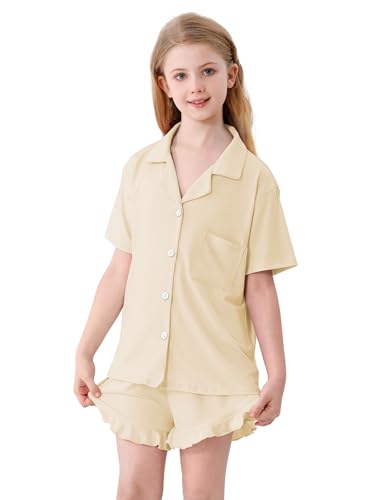 Umeyda Girls's Pajama Set Short Sleeve Button Down Pjs Set Sleepwear, Champagne, 9-10 Years2