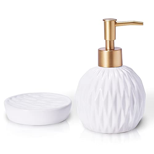 Ensemble distributeur de savon rond classique et porte-savon, motif losange en relief délicat avec pompe dorée, ensemble d'accessoires de salle de bain en céramique (blanc) Cover
