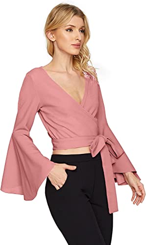 Image of TASHVIKA'S Women's Long Sleeve V Neck Tie Knot Wrap Blouse Top