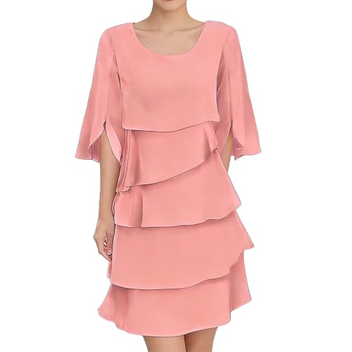 Women's Elegant Layered Ruffle Sleeve Dress, 3/4 Sleeve Tiered Ruffle Dress Crew Neck Loose Flowy Mini Dresses Party Wedding (Pink,XXL)