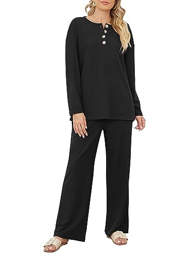 Image of XIEERDUO Womens 2 Piece Lounge set Long Sleeve Button Knit Matching Sweatsuit Set