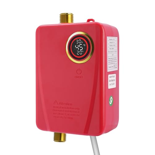 WEIGR Mini calentador de agua instantáneo de 3500 W, resistente a la presión, almacenamiento debajo de la mesa con cabezal de ducha, para cocina, fregadero y montaje bajo mesa, enchufe UE 220 V (rojo)