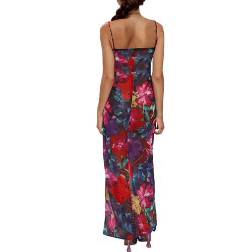 Image of Women's Spaghetti Strap Maxi Dress Floral Print Bodycon Long Dress Summer Beach Vacation Wedding Guest Outfits